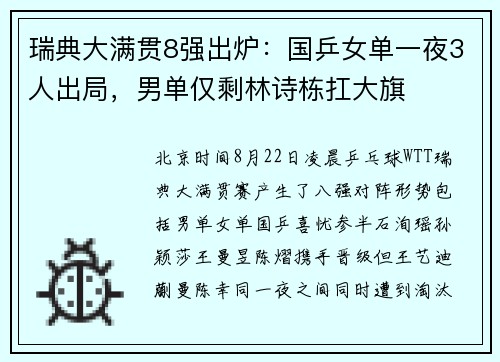 瑞典大满贯8强出炉：国乒女单一夜3人出局，男单仅剩林诗栋扛大旗